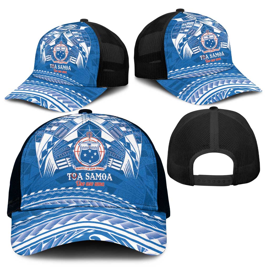 Toa Samoa Rugby Mesh Trucker Cap Uso aso uma Samoan Pattern Blue - Polynesian Pride