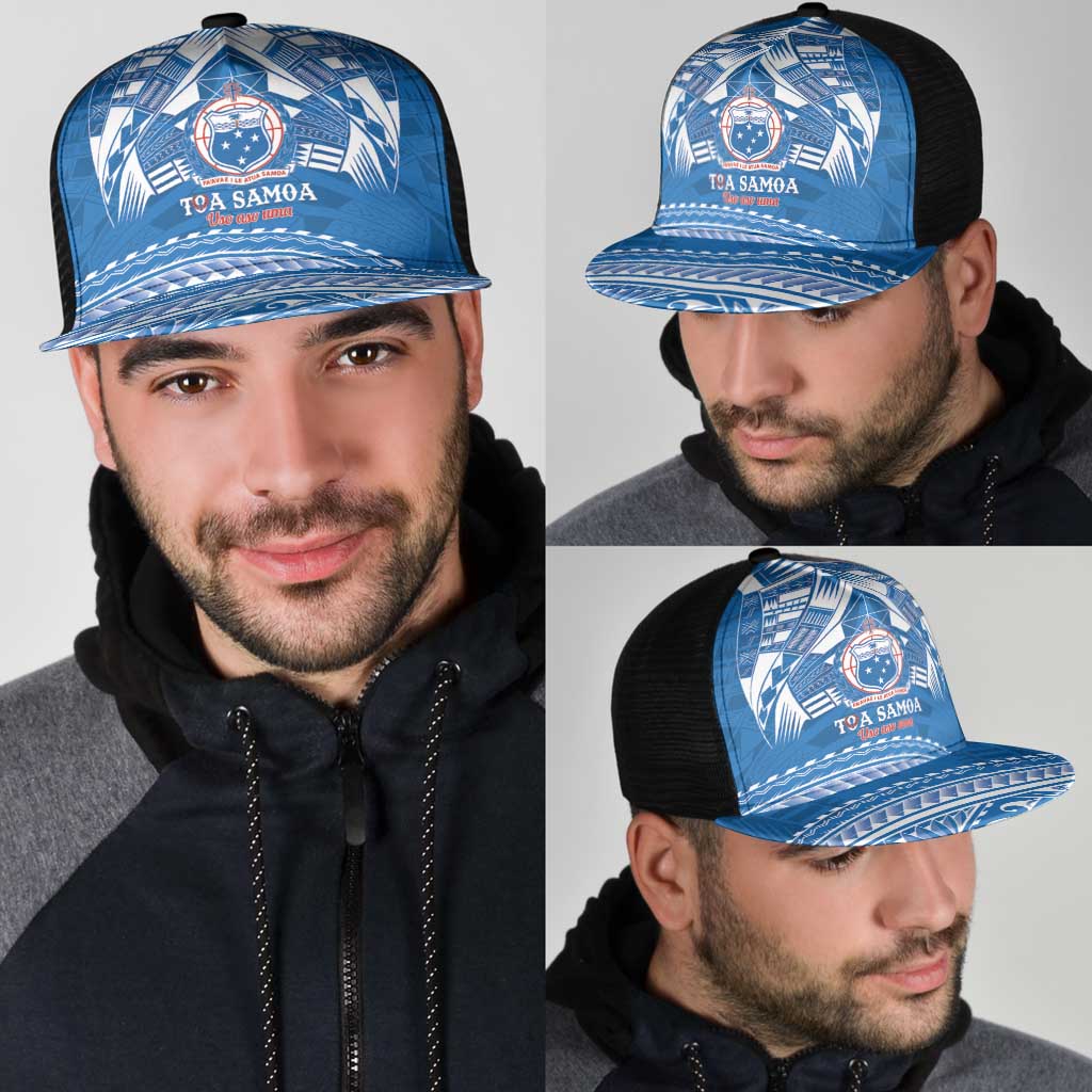 Toa Samoa Rugby Mesh Trucker Cap Uso aso uma Samoan Pattern Blue - Polynesian Pride