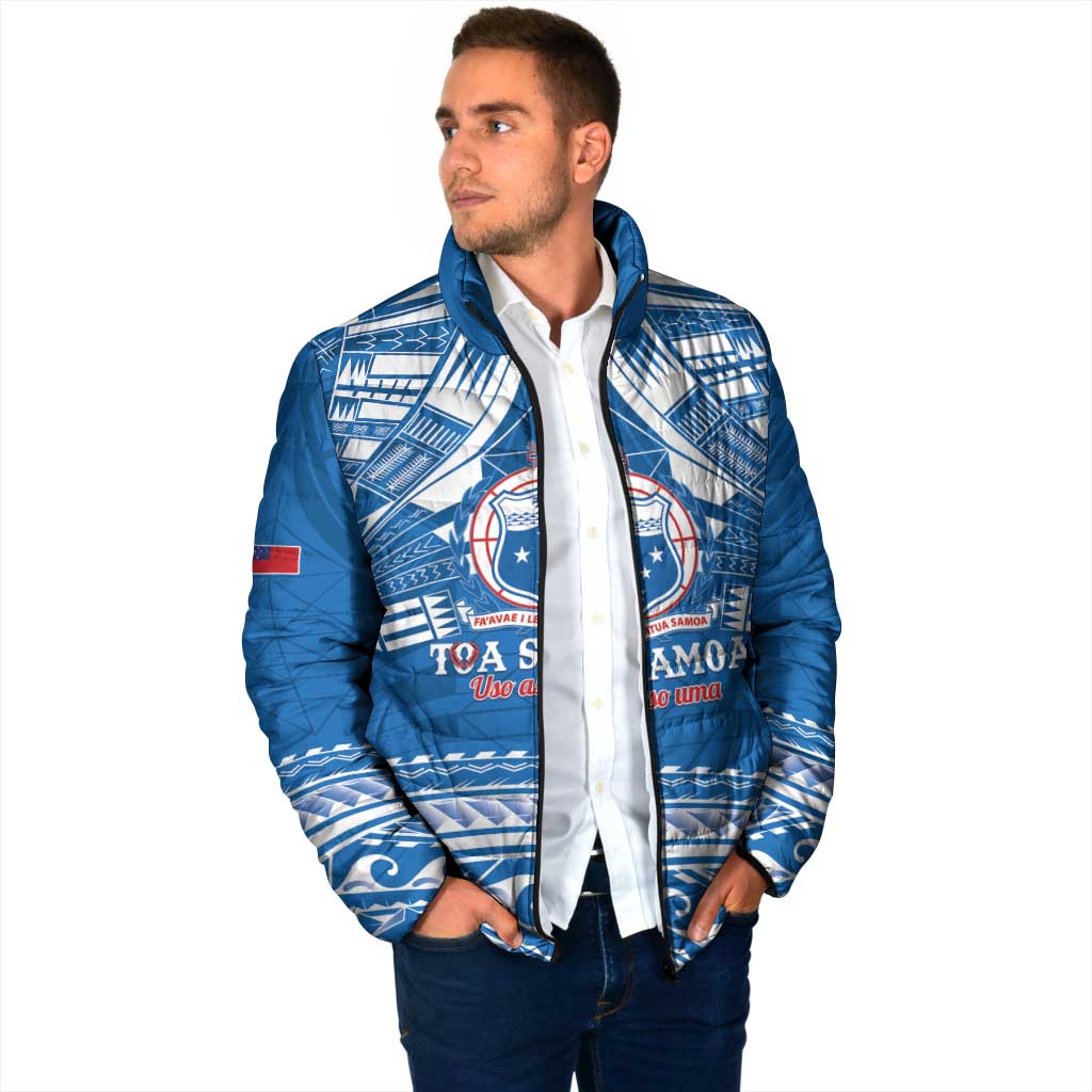 Toa Samoa Rugby Custom Padded Jacket Uso aso uma Samoan Pattern Blue - Polynesian Pride