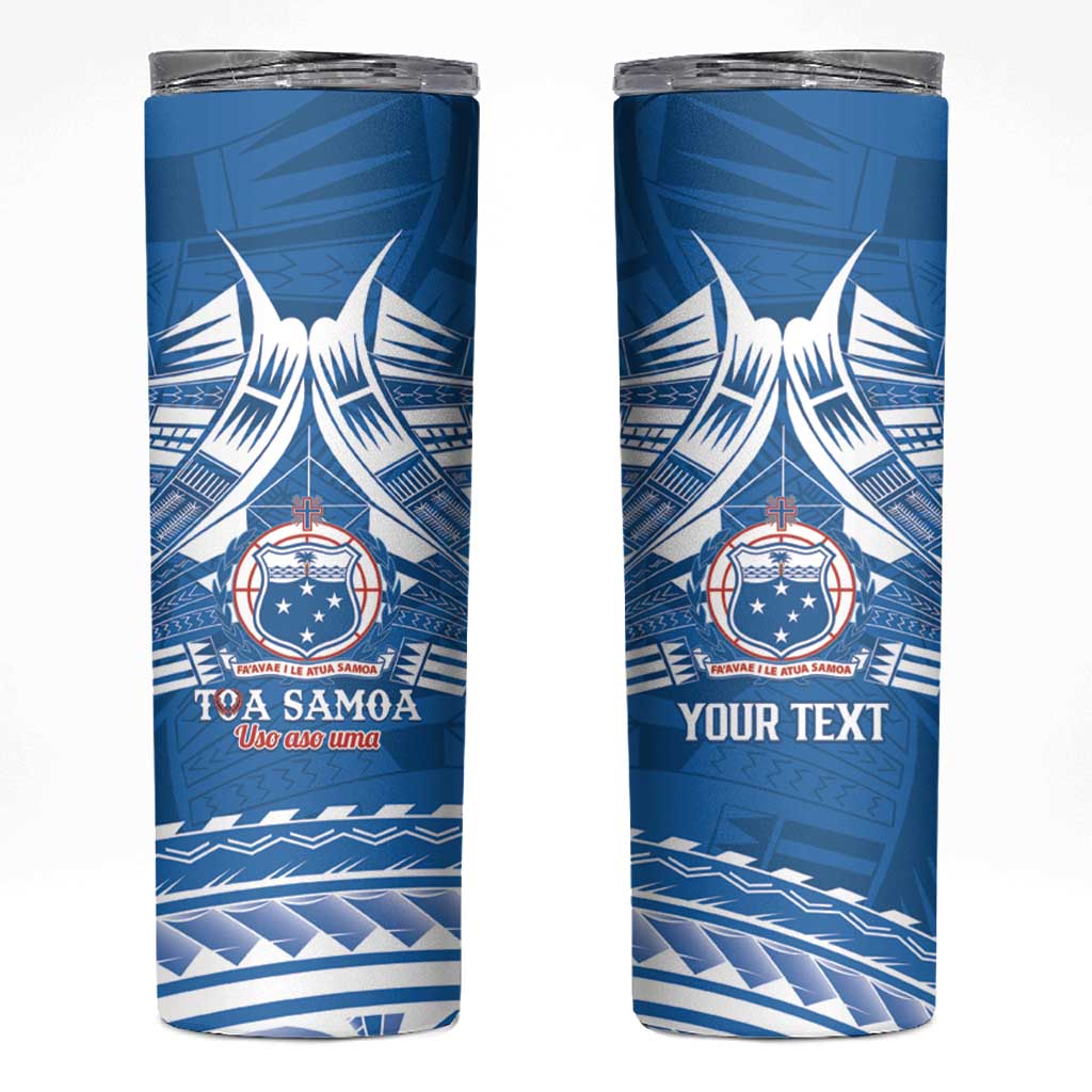 Toa Samoa Rugby Custom Skinny Tumbler Uso aso uma Samoan Pattern Blue - Polynesian Pride