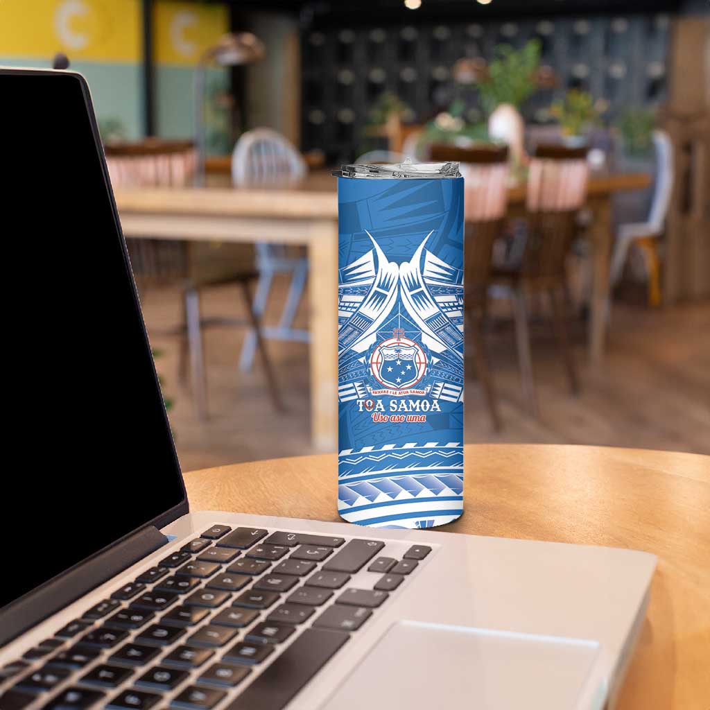 Toa Samoa Rugby Custom Skinny Tumbler Uso aso uma Samoan Pattern Blue - Polynesian Pride