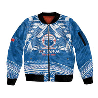 Toa Samoa Rugby Custom Sleeve Zip Bomber Jacket Uso aso uma Samoan Pattern Blue - Polynesian Pride