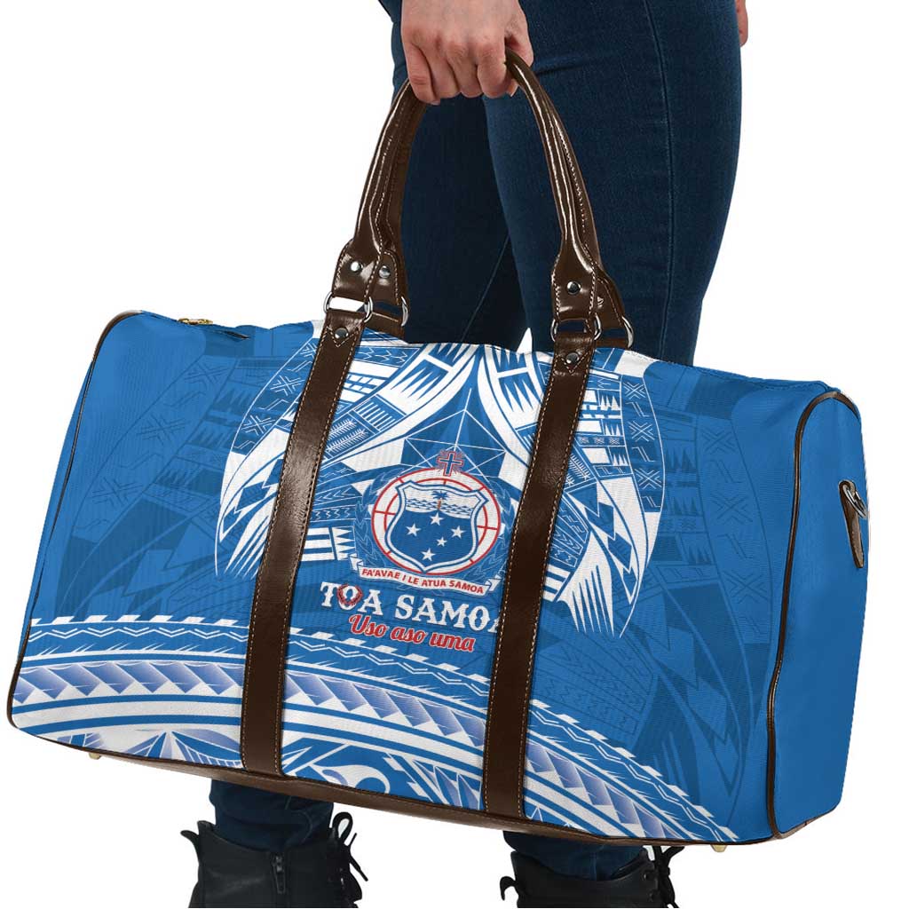 Toa Samoa Rugby Custom Travel Bag Uso aso uma Samoan Pattern Blue - Polynesian Pride