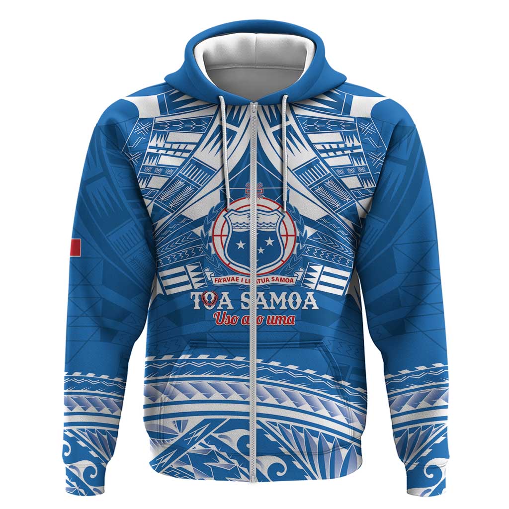 Toa Samoa Rugby Custom Zip Hoodie Uso aso uma Samoan Pattern Blue - Polynesian Pride