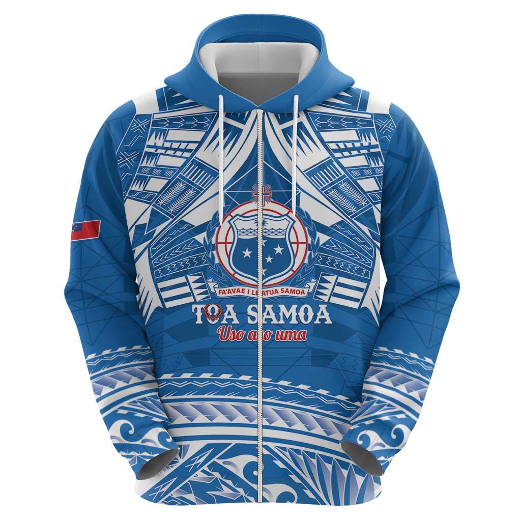 Toa Samoa Rugby Custom Zip Hoodie Uso aso uma Samoan Pattern Blue - Polynesian Pride