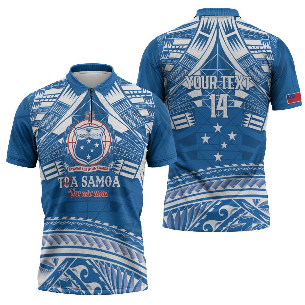 Toa Samoa Rugby Custom Zipper Polo Shirt Uso aso uma Samoan Pattern Blue - Polynesian Pride