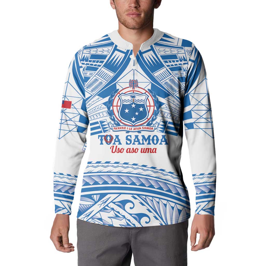 Toa Samoa Rugby Custom Button Sweatshirt Uso aso uma Samoan Pattern White - Polynesian Pride