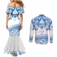 Toa Samoa Rugby Custom Couples Matching Mermaid Dress and Long Sleeve Button Shirt Uso aso uma Samoan Pattern White - Polynesian Pride