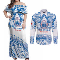 Toa Samoa Rugby Custom Couples Matching Off Shoulder Maxi Dress and Long Sleeve Button Shirt Uso aso uma Samoan Pattern White - Polynesian Pride
