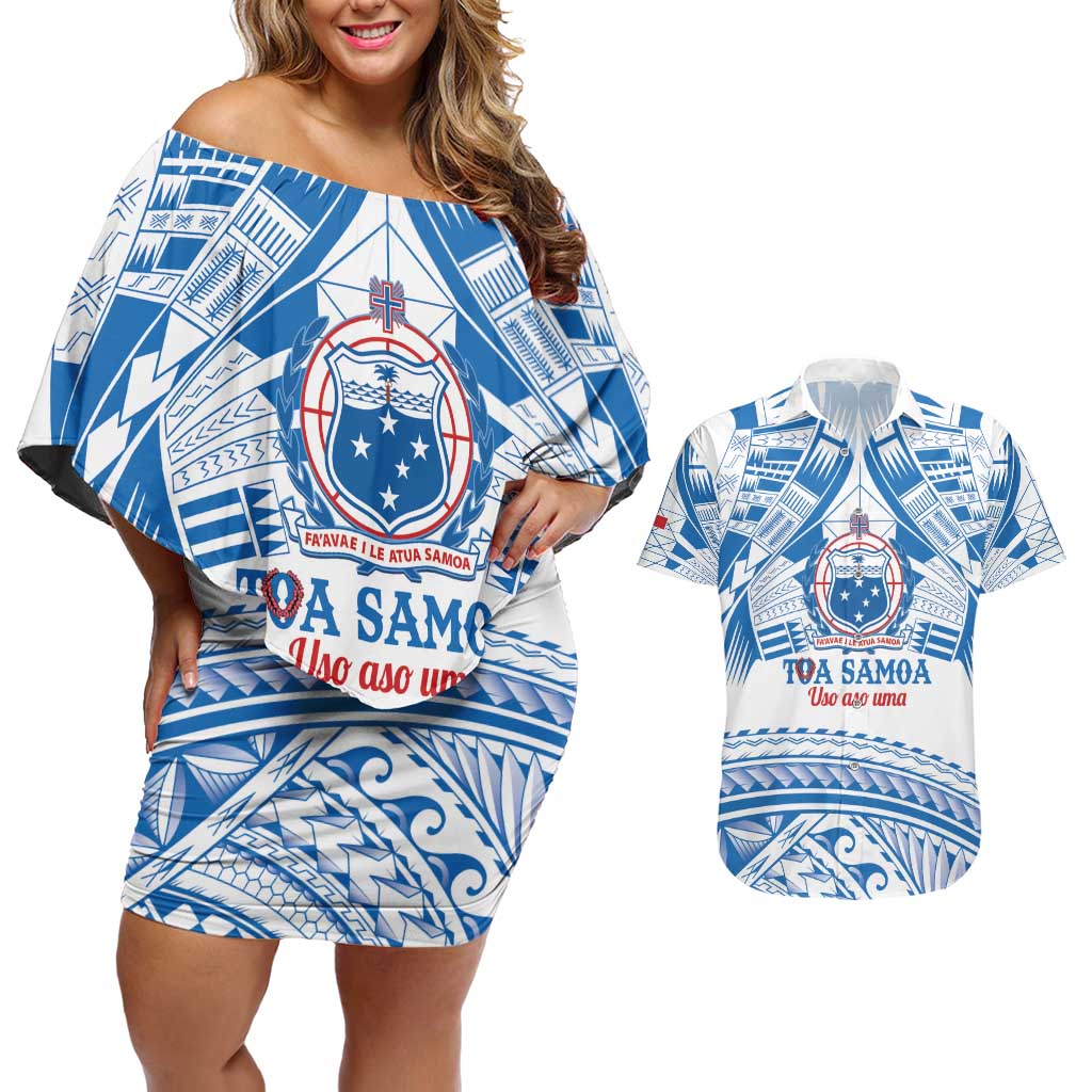 Toa Samoa Rugby Custom Couples Matching Off Shoulder Short Dress and Hawaiian Shirt Uso aso uma Samoan Pattern White - Polynesian Pride