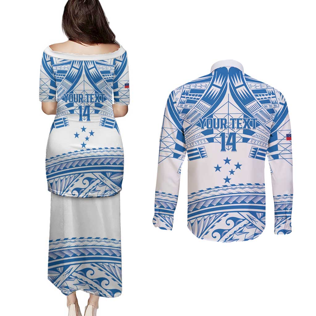 Toa Samoa Rugby Custom Couples Matching Puletasi and Long Sleeve Button Shirt Uso aso uma Samoan Pattern White - Polynesian Pride