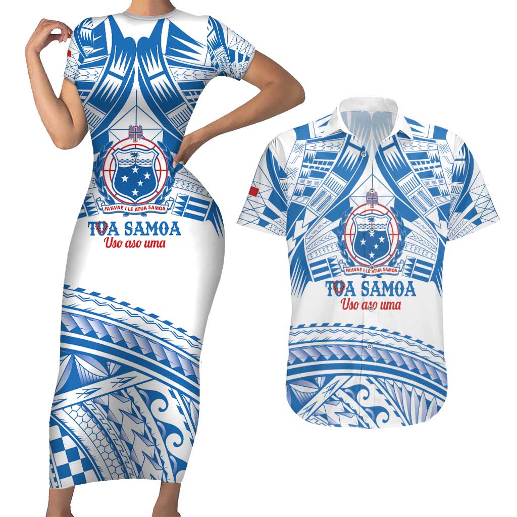 Toa Samoa Rugby Custom Couples Matching Short Sleeve Bodycon Dress and Hawaiian Shirt Uso aso uma Samoan Pattern White - Polynesian Pride