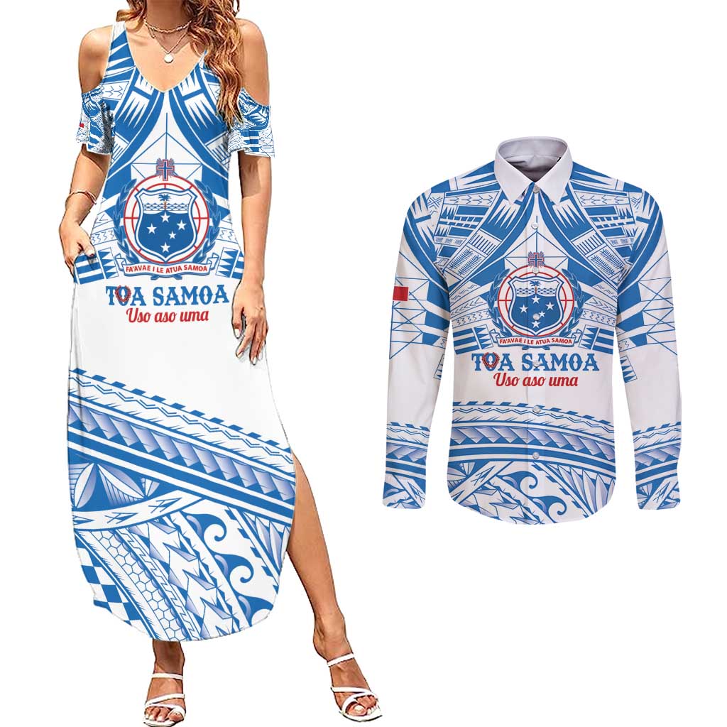 Toa Samoa Rugby Custom Couples Matching Summer Maxi Dress and Long Sleeve Button Shirt Uso aso uma Samoan Pattern White - Polynesian Pride