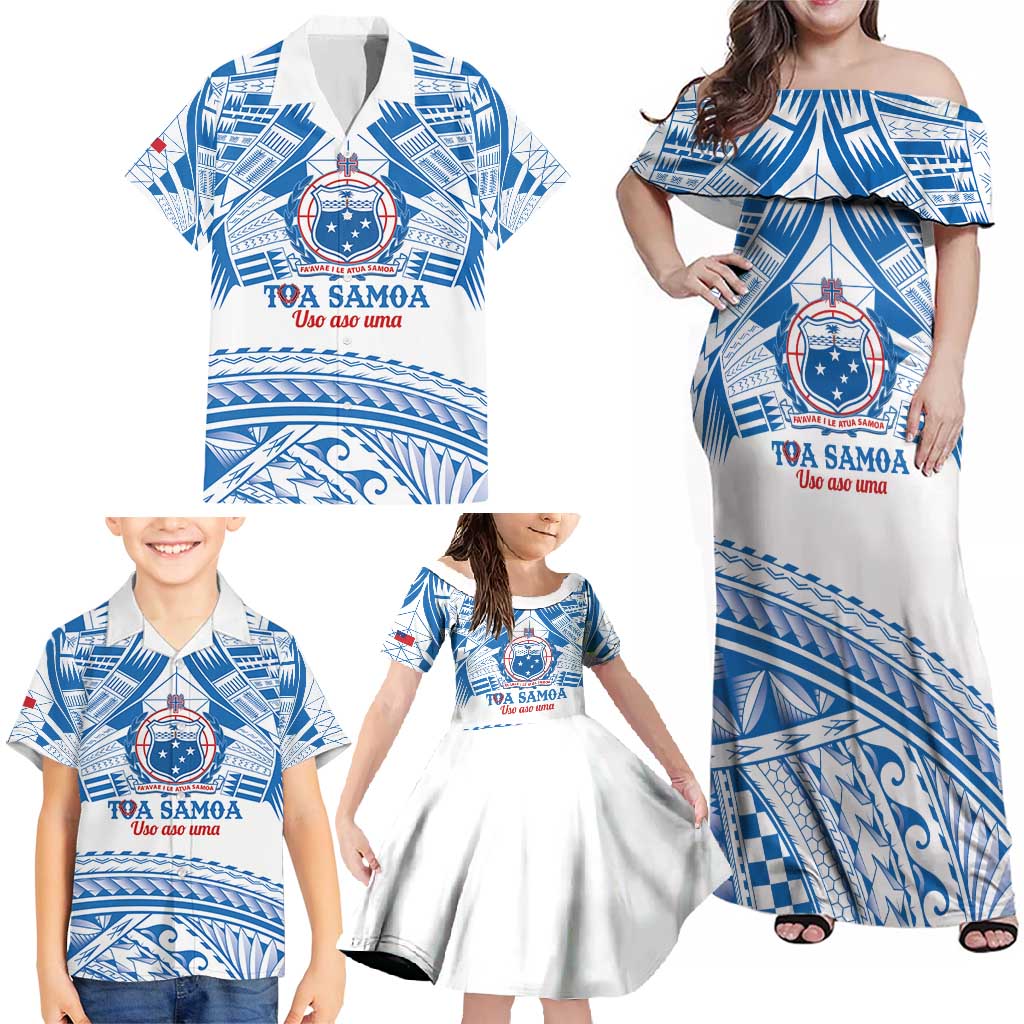 Toa Samoa Rugby Custom Family Matching Off Shoulder Maxi Dress and Hawaiian Shirt Uso aso uma Samoan Pattern White - Polynesian Pride
