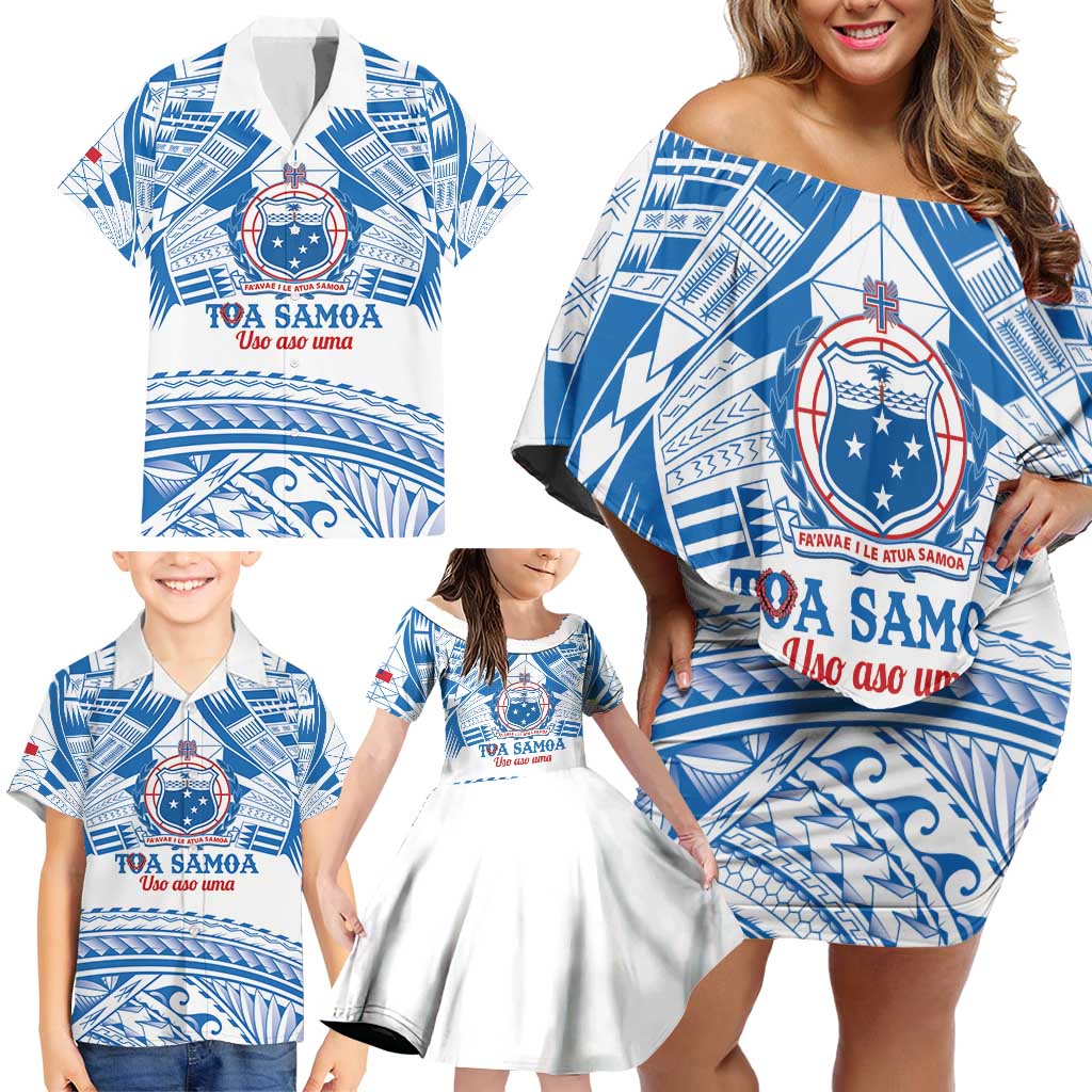 Toa Samoa Rugby Custom Family Matching Off Shoulder Short Dress and Hawaiian Shirt Uso aso uma Samoan Pattern White - Polynesian Pride
