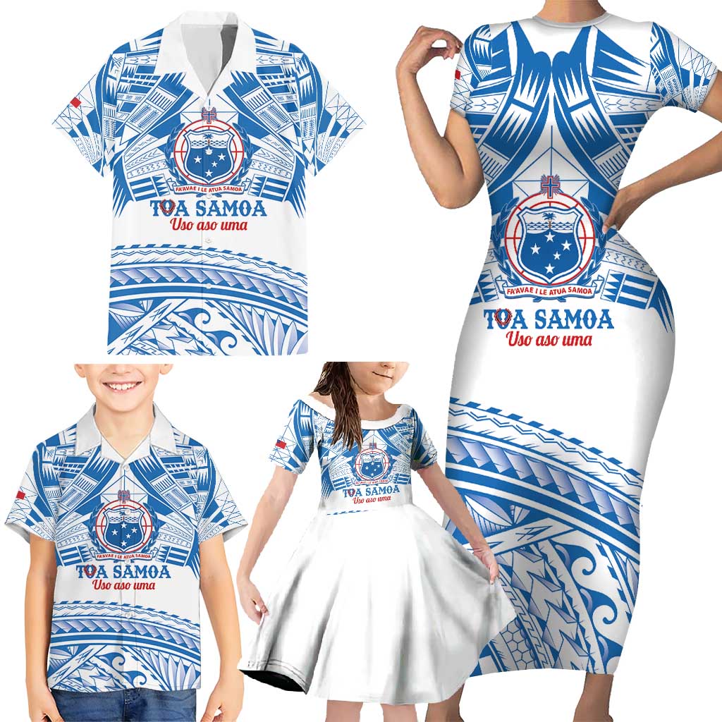 Toa Samoa Rugby Custom Family Matching Short Sleeve Bodycon Dress and Hawaiian Shirt Uso aso uma Samoan Pattern White - Polynesian Pride