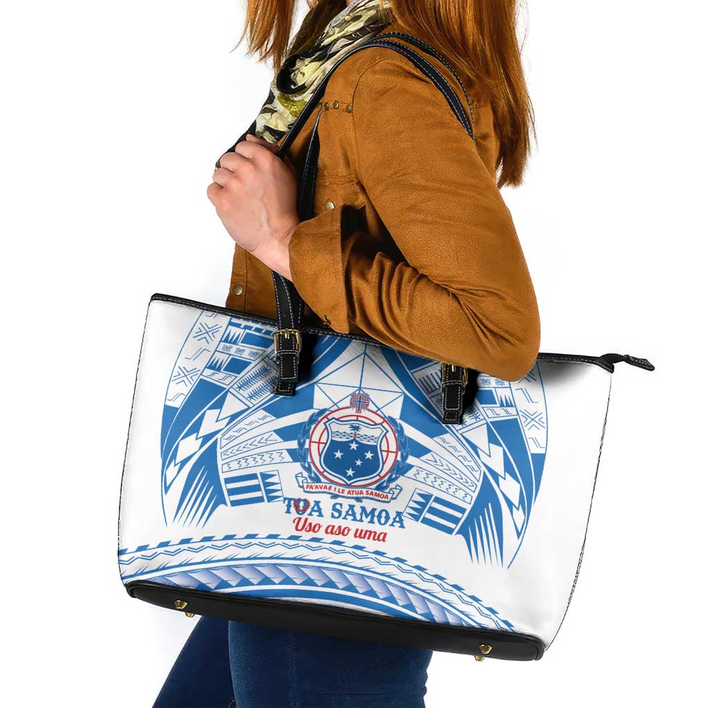 Toa Samoa Rugby Custom Leather Tote Bag Uso aso uma Samoan Pattern White - Polynesian Pride