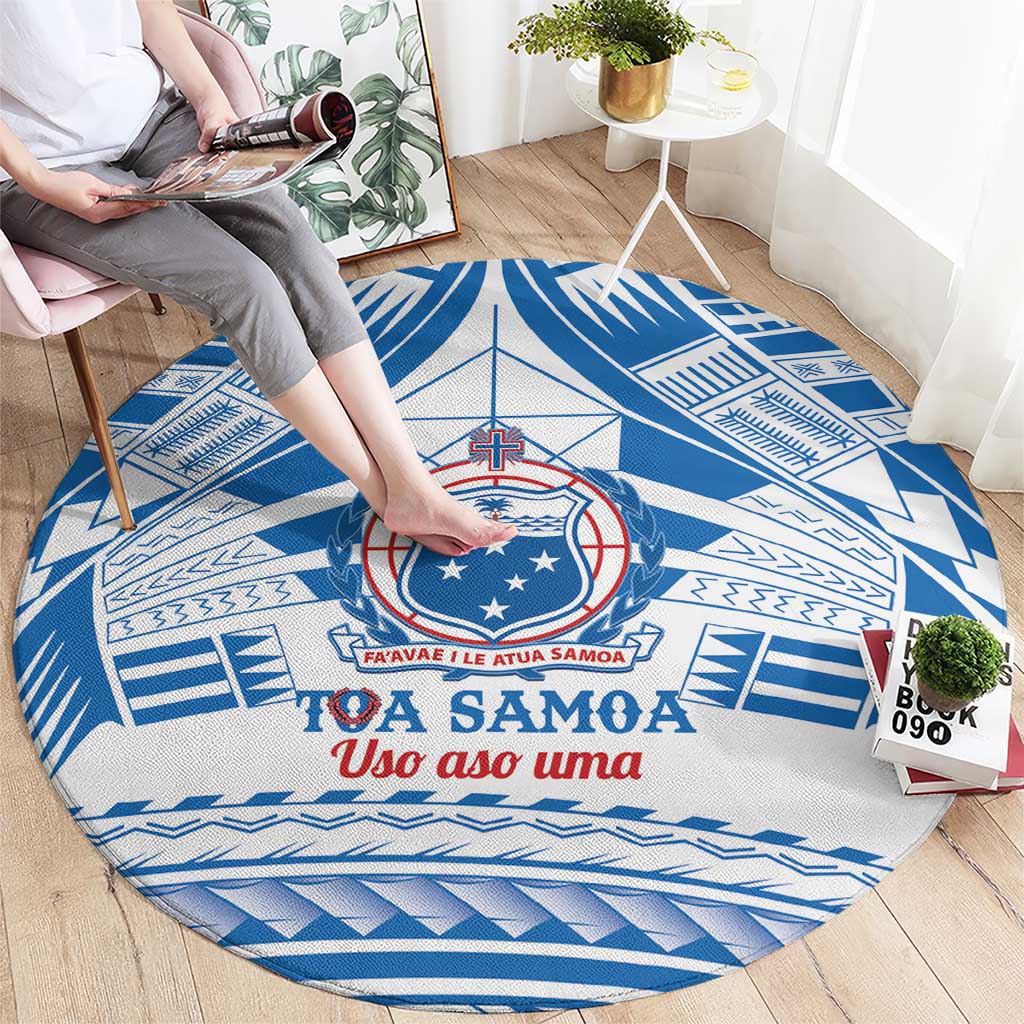 Toa Samoa Rugby Custom Round Carpet Uso aso uma Samoan Pattern White - Polynesian Pride