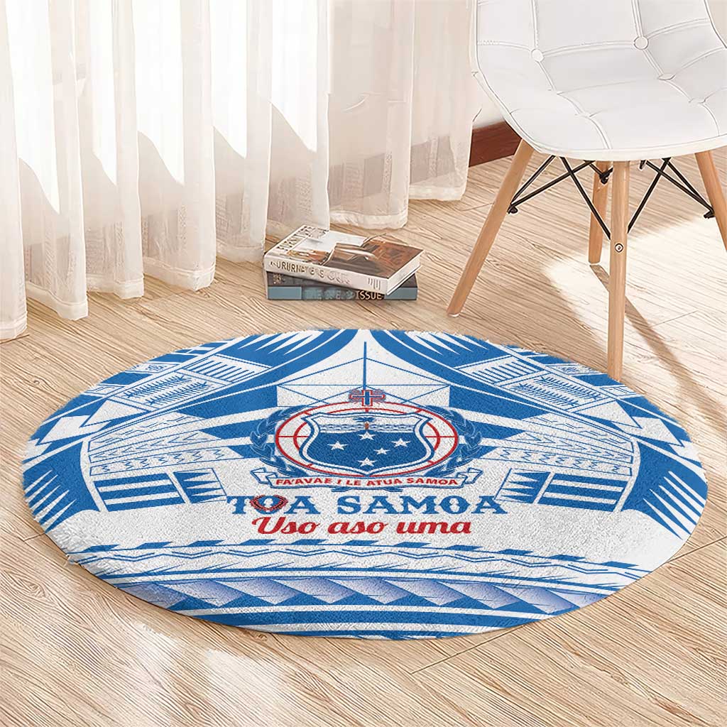 Toa Samoa Rugby Custom Round Carpet Uso aso uma Samoan Pattern White - Polynesian Pride