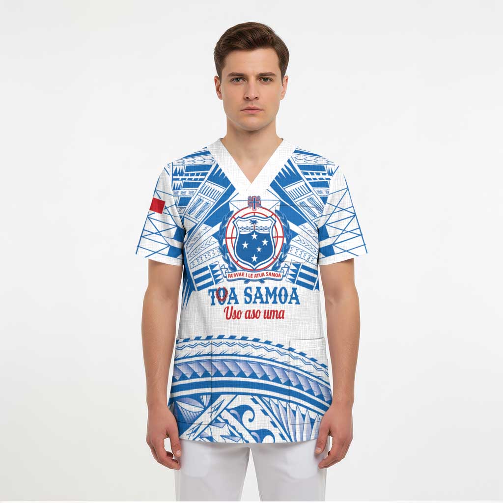 Toa Samoa Rugby Custom Scrub Top Uso aso uma Samoan Pattern White - Polynesian Pride