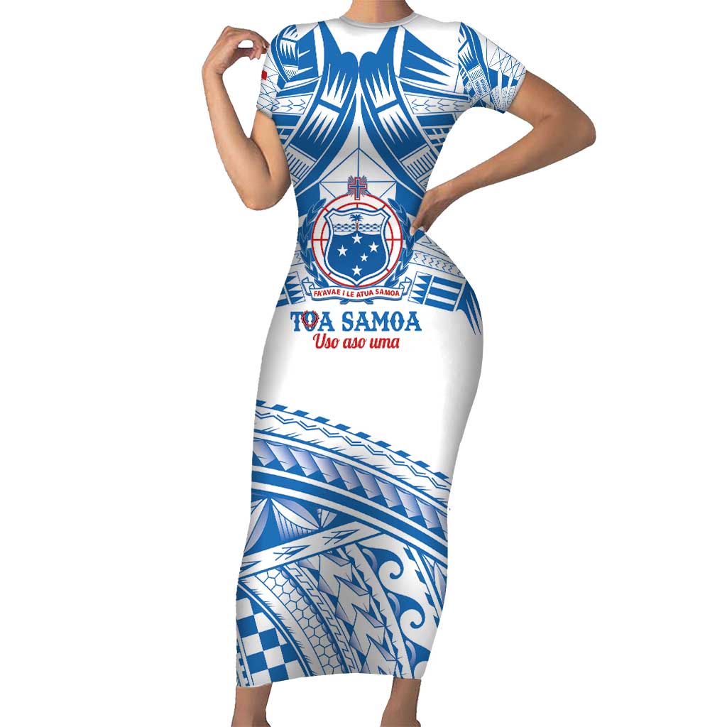 Toa Samoa Rugby Custom Short Sleeve Bodycon Dress Uso aso uma Samoan Pattern White - Polynesian Pride