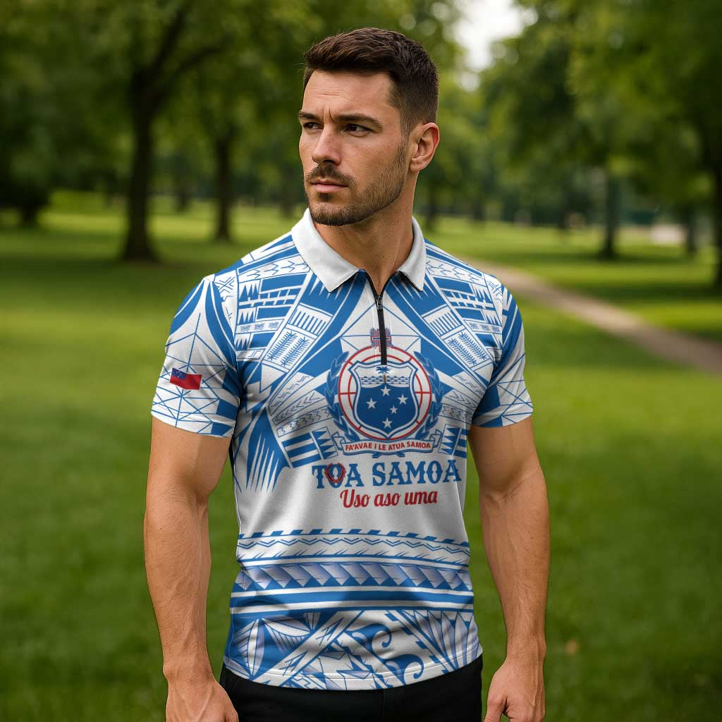 Toa Samoa Rugby Custom Zipper Polo Shirt Uso aso uma Samoan Pattern White - Polynesian Pride