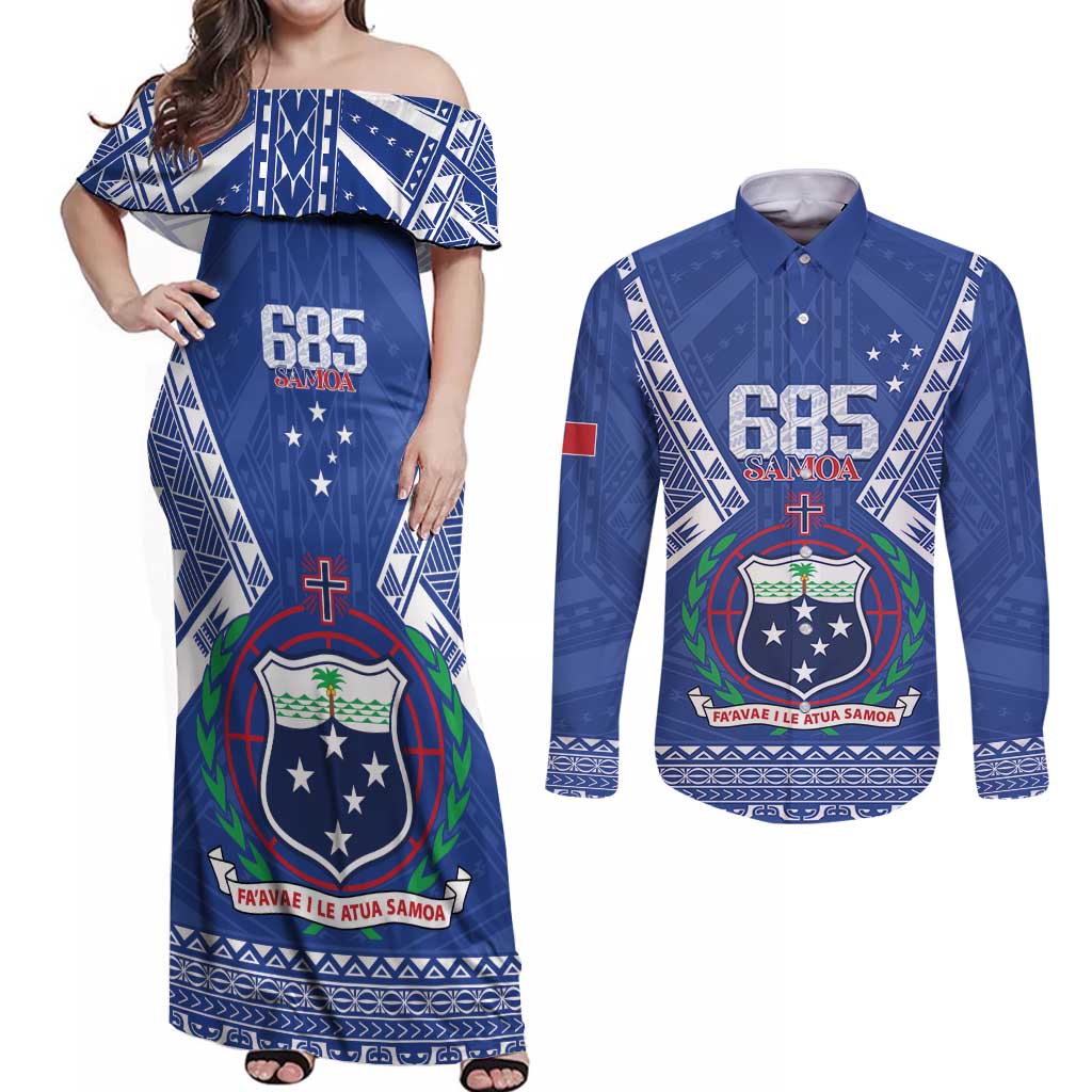 Personalised Samoa 685 Couples Matching Off Shoulder Maxi Dress and Long Sleeve Button Shirt Samoan Pride Coat Of Arms - Polynesian Pride