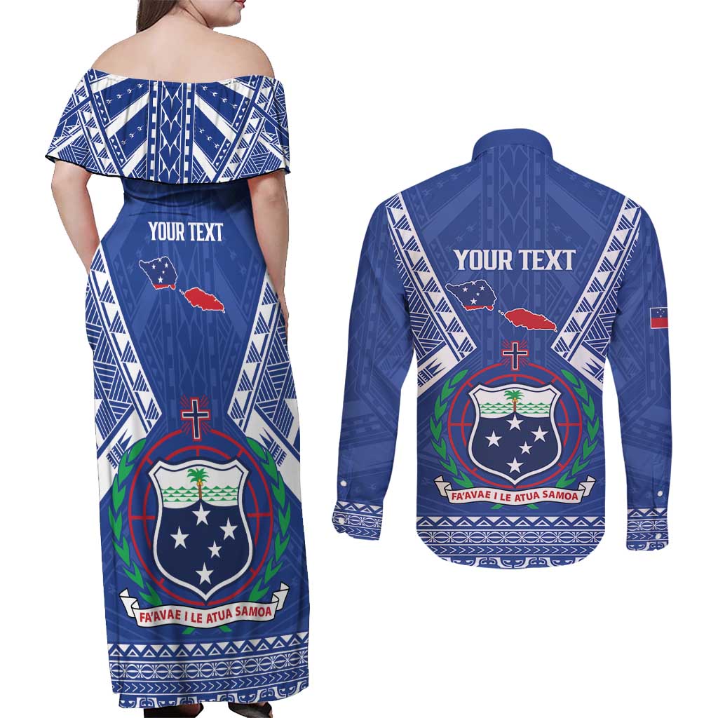 Personalised Samoa 685 Couples Matching Off Shoulder Maxi Dress and Long Sleeve Button Shirt Samoan Pride Coat Of Arms - Polynesian Pride