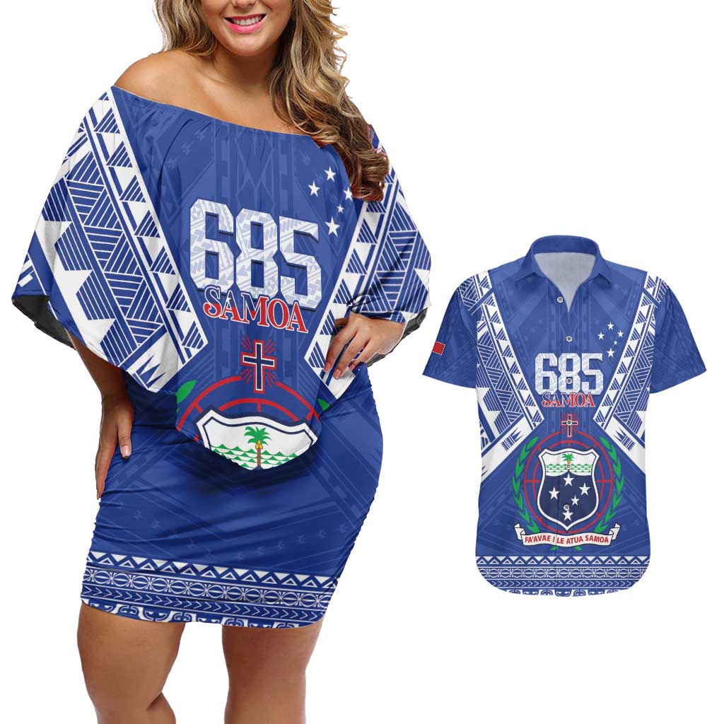 Personalised Samoa 685 Couples Matching Off Shoulder Short Dress and Hawaiian Shirt Samoan Pride Coat Of Arms - Polynesian Pride