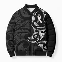 White Ribbon Day New Zealand Bomber Puffer Jacket Aotearoa Maori Pattern LT14 Unisex Black - Polynesian Pride