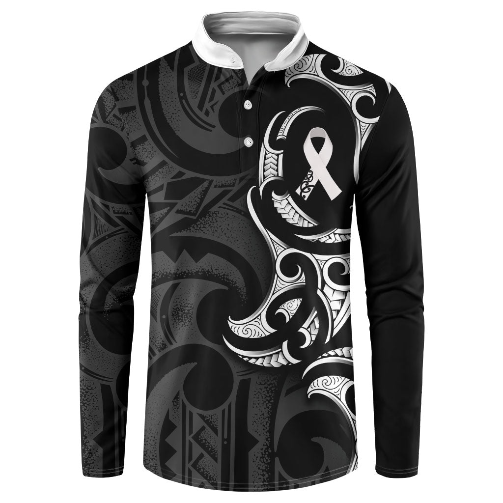 White Ribbon Day New Zealand Button Sweatshirt Aotearoa Maori Pattern LT14 Black - Polynesian Pride