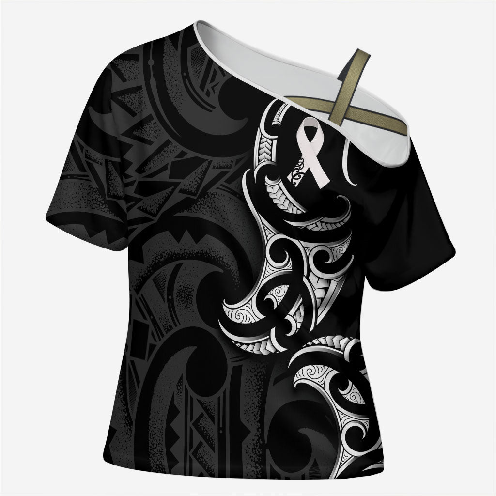 White Ribbon Day New Zealand Cross Shoulder Shirt Aotearoa Maori Pattern LT14 Female Black - Polynesian Pride