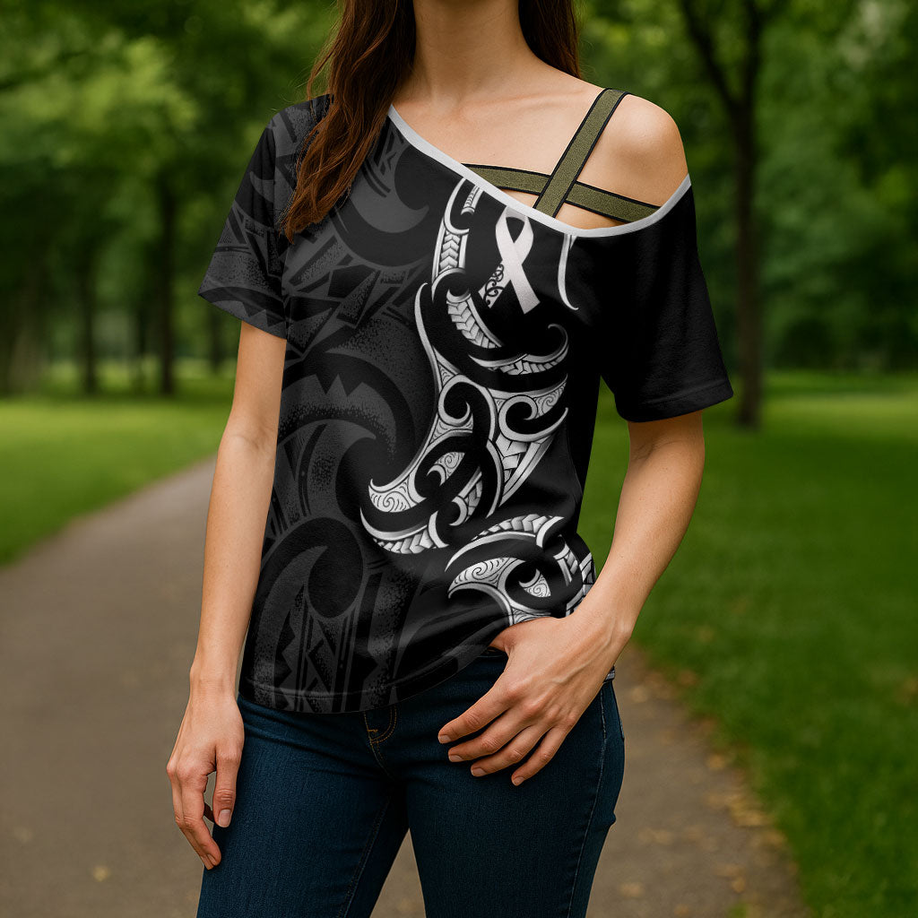 White Ribbon Day New Zealand Cross Shoulder Shirt Aotearoa Maori Pattern LT14 - Polynesian Pride