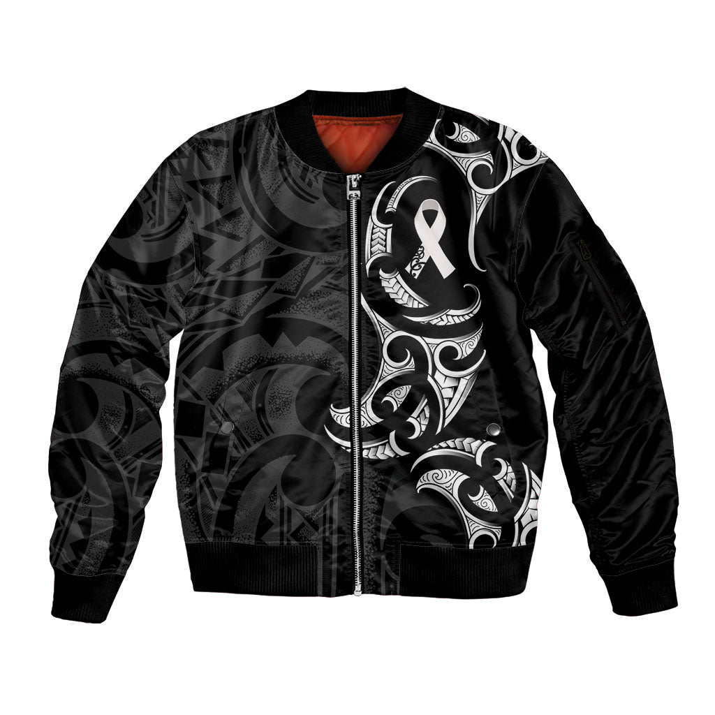 White Ribbon Day New Zealand Sleeve Zip Bomber Jacket Aotearoa Maori Pattern LT14 Unisex Black - Polynesian Pride