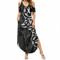 White Ribbon Day New Zealand Summer Maxi Dress Aotearoa Maori Pattern LT14 Women Black - Polynesian Pride