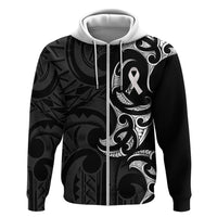 White Ribbon Day New Zealand Zip Hoodie Aotearoa Maori Pattern LT14 Zip Hoodie Black - Polynesian Pride