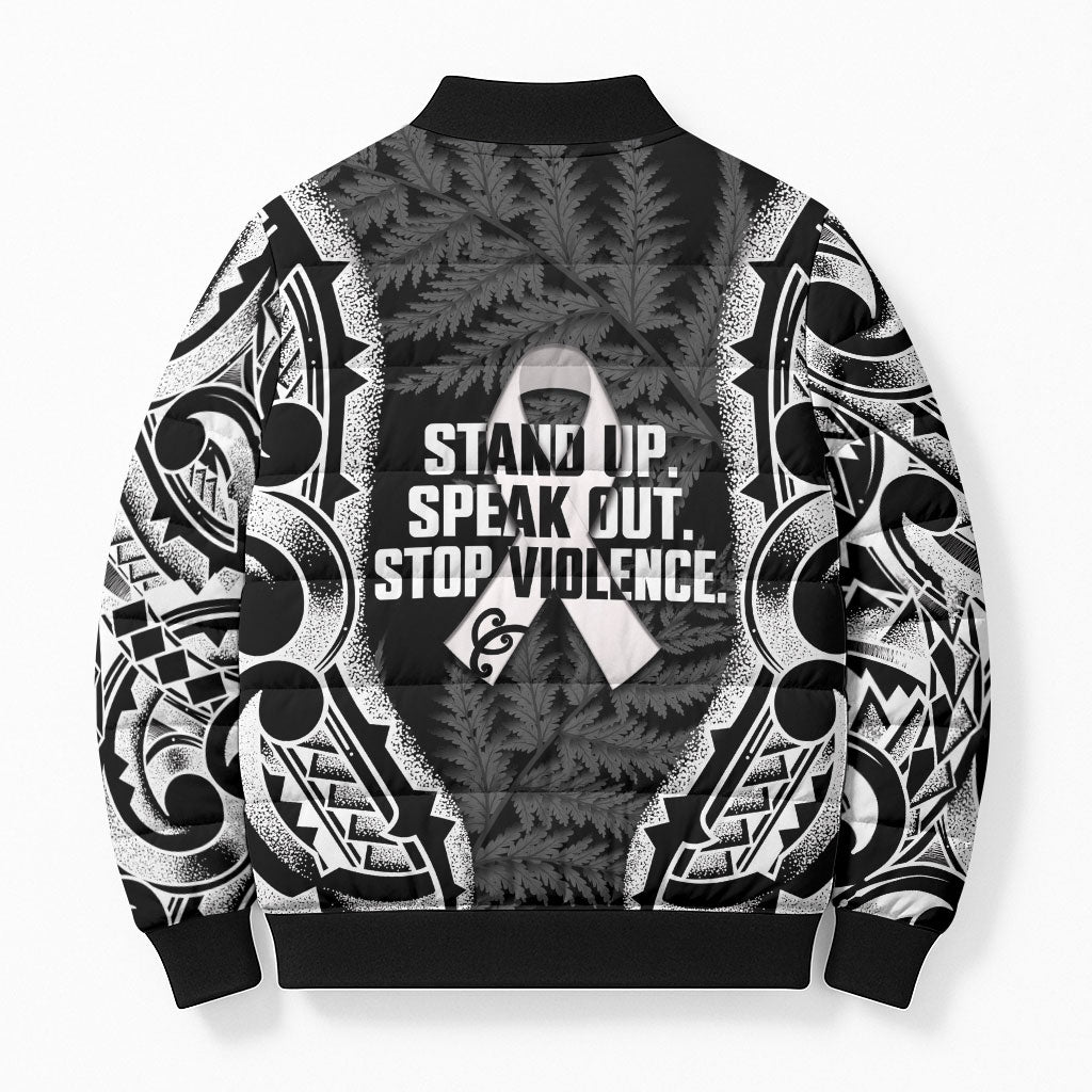 White Ribbon Day New Zealand Bomber Puffer Jacket Respect Women Maori Pattern Black LT14 - Polynesian Pride