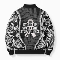 White Ribbon Day New Zealand Bomber Puffer Jacket Respect Women Maori Pattern Black LT14 - Polynesian Pride