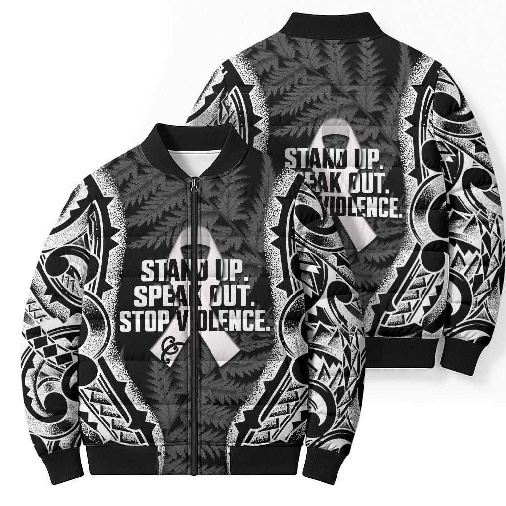 White Ribbon Day New Zealand Bomber Puffer Jacket Respect Women Maori Pattern Black LT14 - Polynesian Pride
