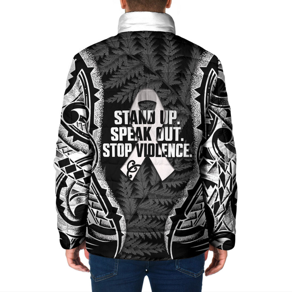 White Ribbon Day New Zealand Padded Jacket Respect Women Maori Pattern Black LT14 - Polynesian Pride