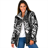White Ribbon Day New Zealand Padded Jacket Respect Women Maori Pattern Black LT14 Women Black - Polynesian Pride