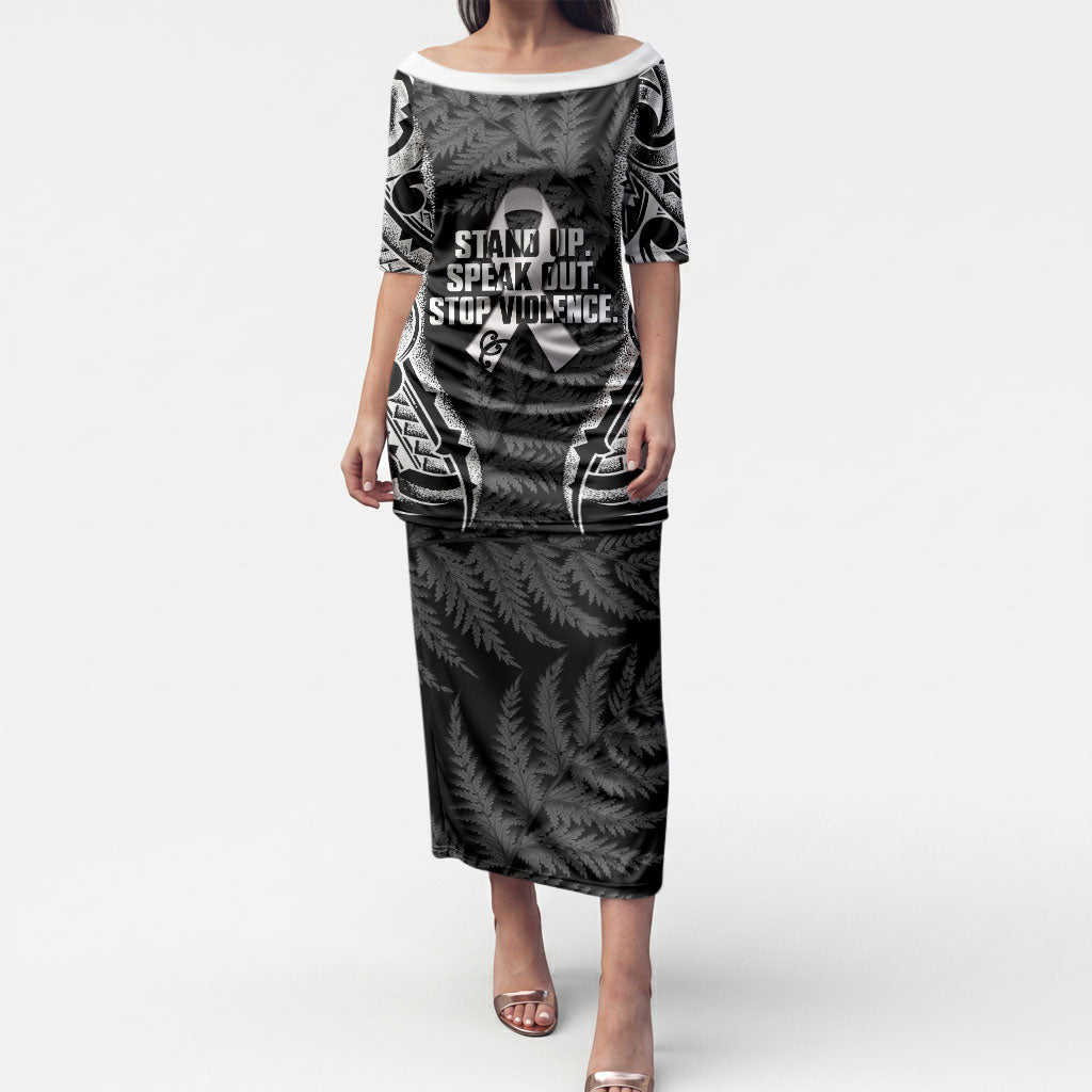 White Ribbon Day New Zealand Puletasi Respect Women Maori Pattern Black LT14 Long Dress Black - Polynesian Pride