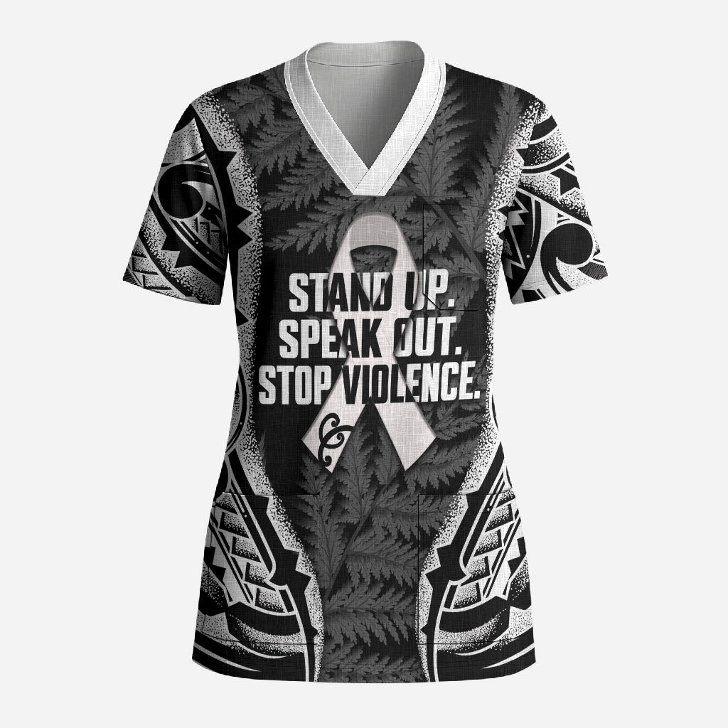 White Ribbon Day New Zealand Scrub Top Respect Women Maori Pattern Black LT14 Adult Black - Polynesian Pride