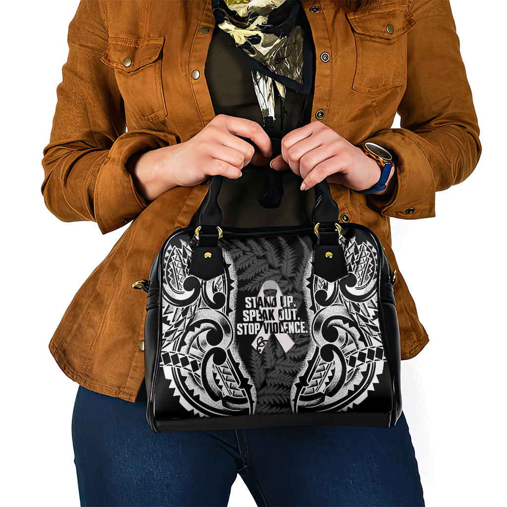 White Ribbon Day New Zealand Shoulder Handbag Respect Women Maori Pattern Black LT14 - Polynesian Pride
