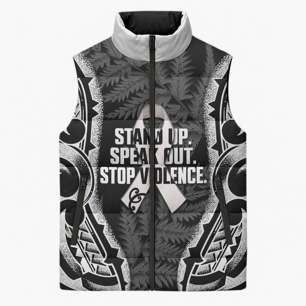 White Ribbon Day New Zealand Sleeveless Puffer Jacket Respect Women Maori Pattern Black LT14 Unisex Black - Polynesian Pride