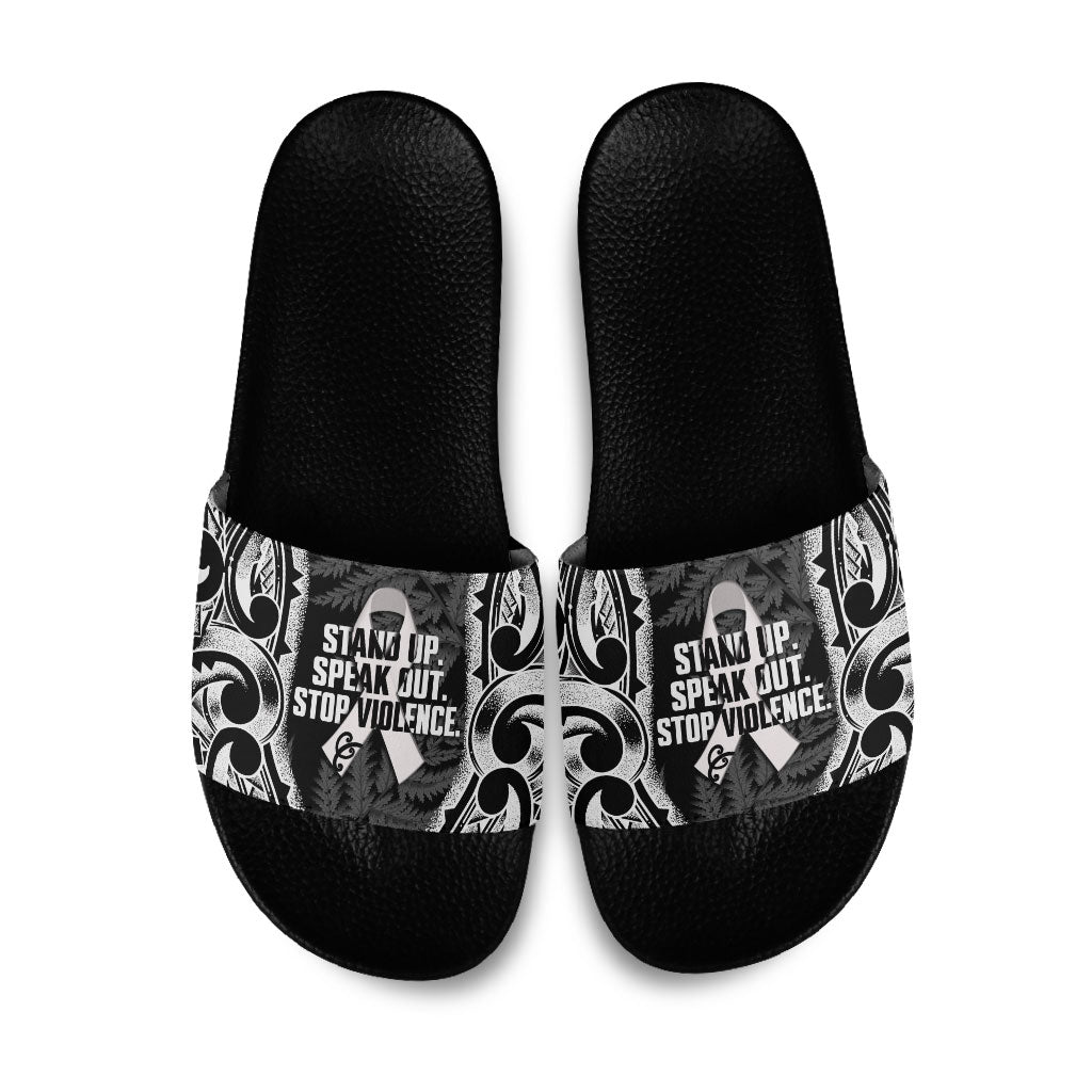White Ribbon Day New Zealand Slide Sandals Respect Women Maori Pattern Black LT14 Black - Polynesian Pride
