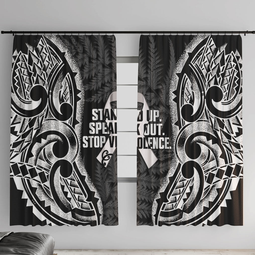 White Ribbon Day New Zealand Window Curtain Respect Women Maori Pattern Black LT14 With Hooks Black - Polynesian Pride