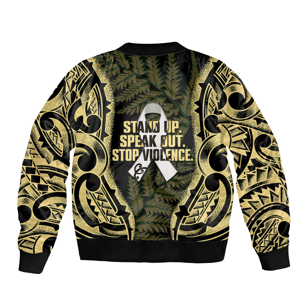 White Ribbon Day New Zealand Bomber Jacket Respect Women Maori Pattern Yellow LT14 - Polynesian Pride