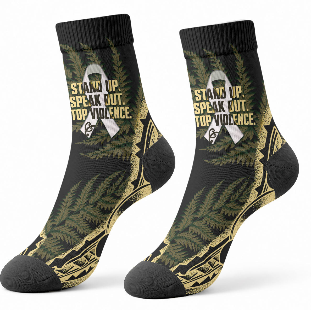 White Ribbon Day New Zealand Crew Socks Respect Women Maori Pattern Yellow LT14 - Polynesian Pride