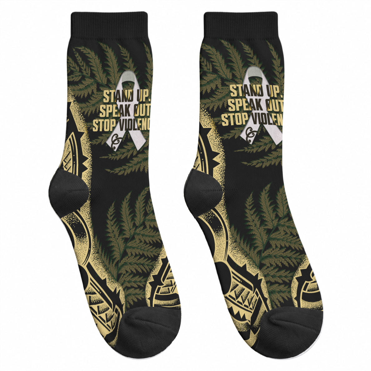 White Ribbon Day New Zealand Crew Socks Respect Women Maori Pattern Yellow LT14 - Polynesian Pride